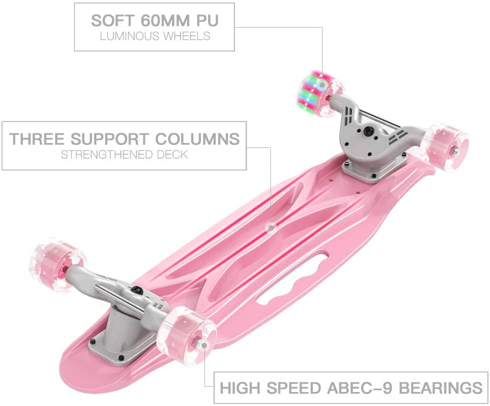 OLEIO Complete Skateboard 23.2 Inches Plastic Mini Classic Skateboard,with Bendable Deck and Smooth Colorful LED Light Up PU Wheels,Cruiser Board for Kids Boys Girls Youth Beginners 