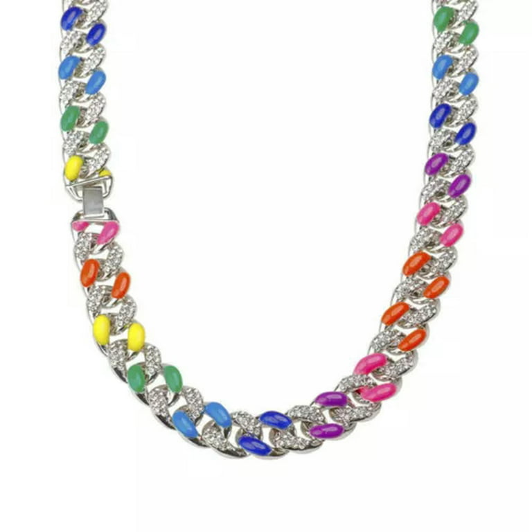 TWENTYONEAUGUST☆RAINBOW HOOP CUBAN CHAIN CHOKER 16mm Mens Cuban Link Chain Hip Hop Rapper Necklace Rainbow