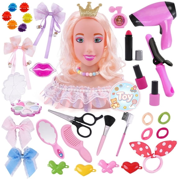 Fashion Styling Half Body Doll Head Set with Beauty Makeup & Hair Salon Accessories, Pretend Play Toys, Role Play Kit, Christmas Family Birthday Gifts, Toys for Toddler Baby Kids Girls, Age 3