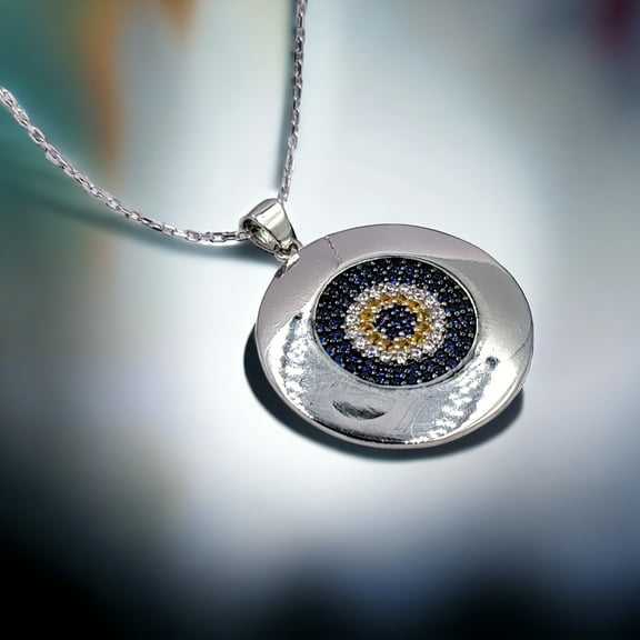 925 Solid Silver CZ Evil Eye Round Pendant Chain Necklace for Women Minimalist Handmade Gift for Good Luck Boho Jewellery