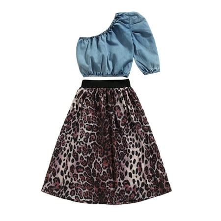 

Izhansean 2Pcs Toddler Baby Girls Clothes Denim Puff Short Sleeve One Shoulder Tops Leopard Skirt Outfits Blue 5-6 Years