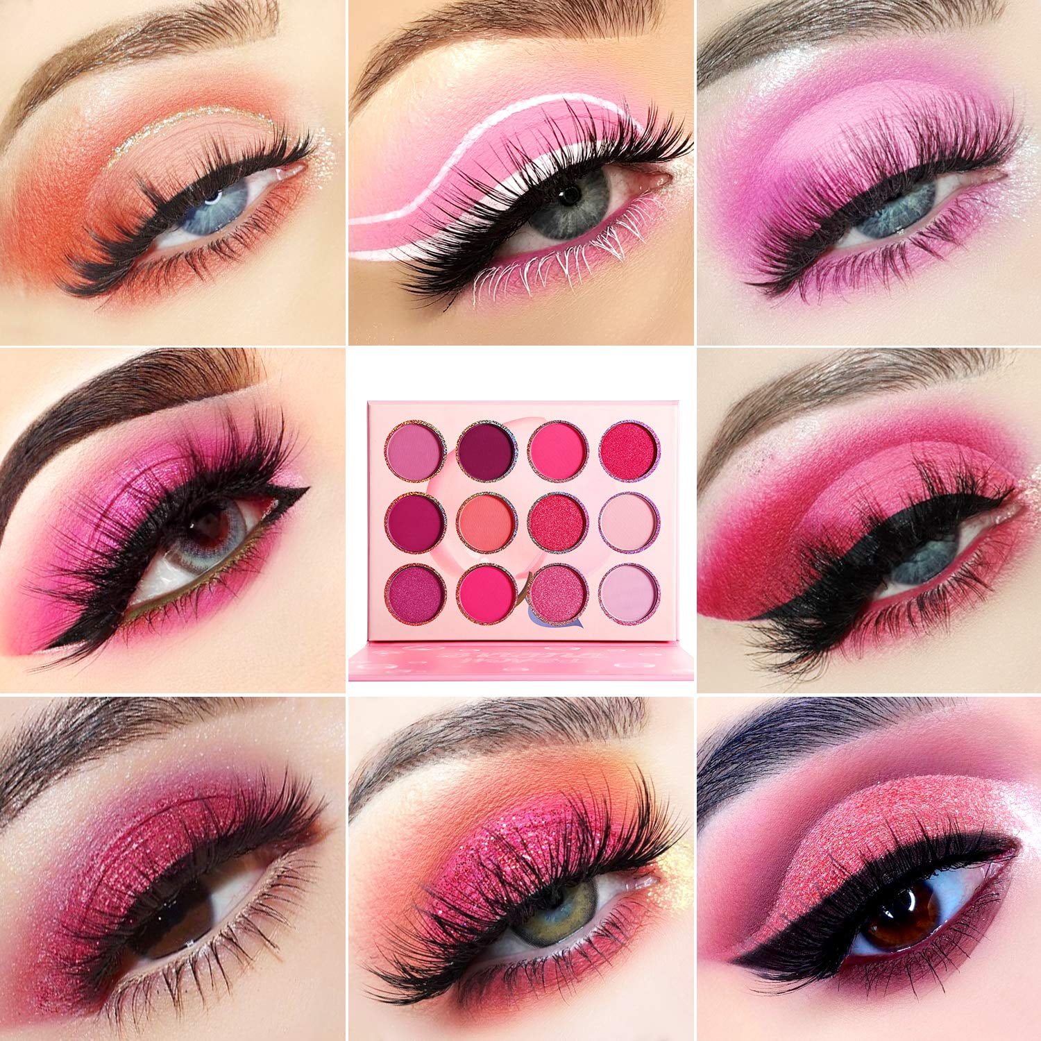 Pink Eyeshadow Palette 12 Colors Peach Pink Red Matte Shimmer