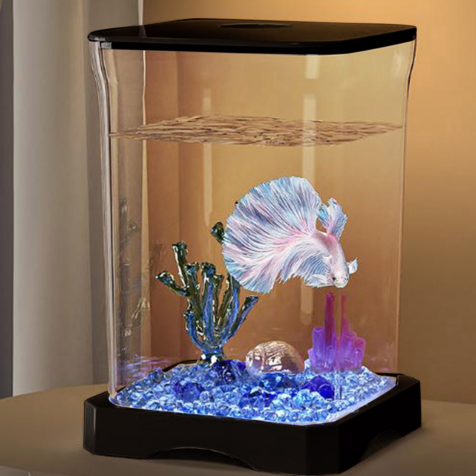 Mini Fish Tank 2 Styles - Desktop Aquarium with LED Light & Feeding Hole - Small Rectangular Fish Bowl for Betta Fish, Office or Home Decor