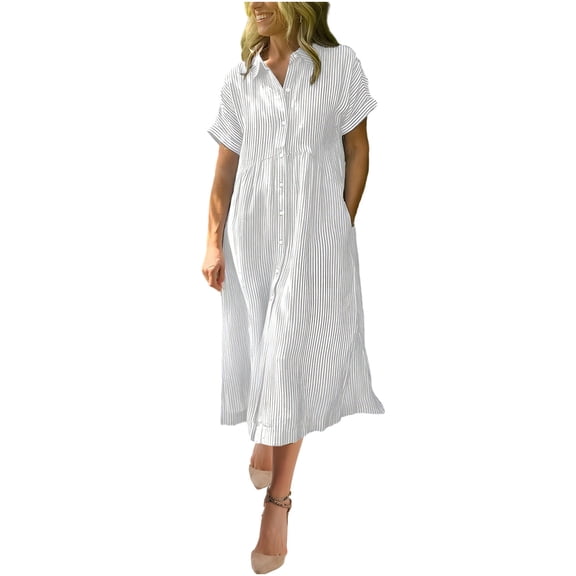Zpanxa Button Down Collar Dress Women Short Sleeve Striped Shirt Dress V Neck A Line Midi Dress with Pockets for Smart Casual Wear