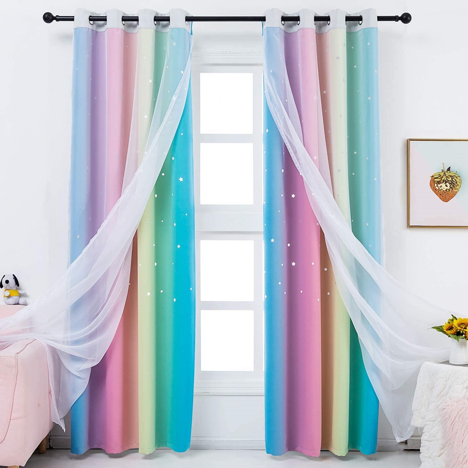 Anjee 2 Panels Blackout Stars Curtains for Girls Bedroom, Colorful