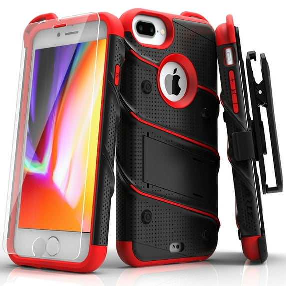 Zizo Bolt Series Case with Screen Protector, Holster, and Kickstand for iPhone 8 Plus and iPhone 7 Plus, Black/Red