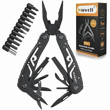 CJB26-in-1 Multitool,Professional Stainless Steel Multi Tools ,Multitool Pliers Pliers Pocket Knife with Heavy Duty Screwdriver Sleeve Replaceable Bits Multitools for Outdoor (black)