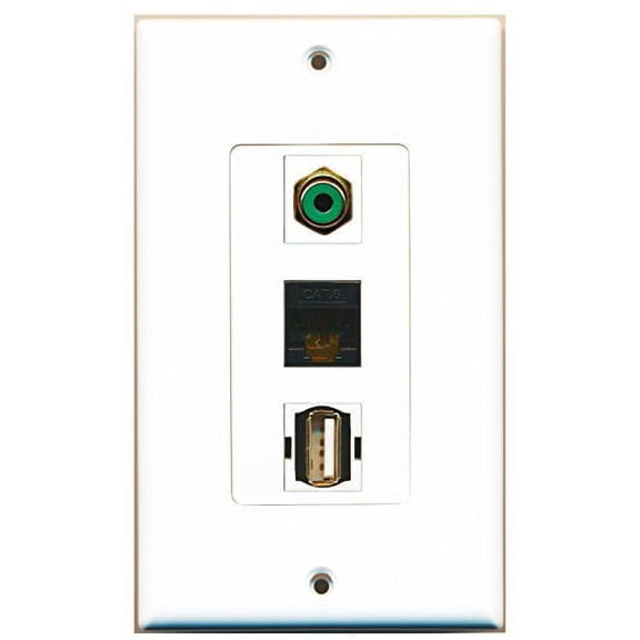RiteAV - 1 Port RCA Green and 1 Port USB A-A and 1 Port Cat6 Ethernet Black Decorative Wall Plate Decorative