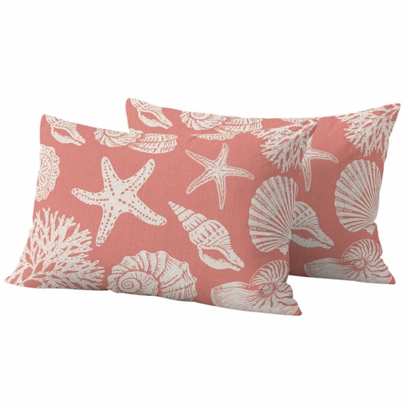 Coral Pink Starfish Coastal Outdoor Waterproof Pillow Covers, Shell Summer Beach Nautical Decorative Rectangle Throw Pillowcase Sofa Cushion Sham for Patio/Couch/Chair, 20"x12" 2 Pack