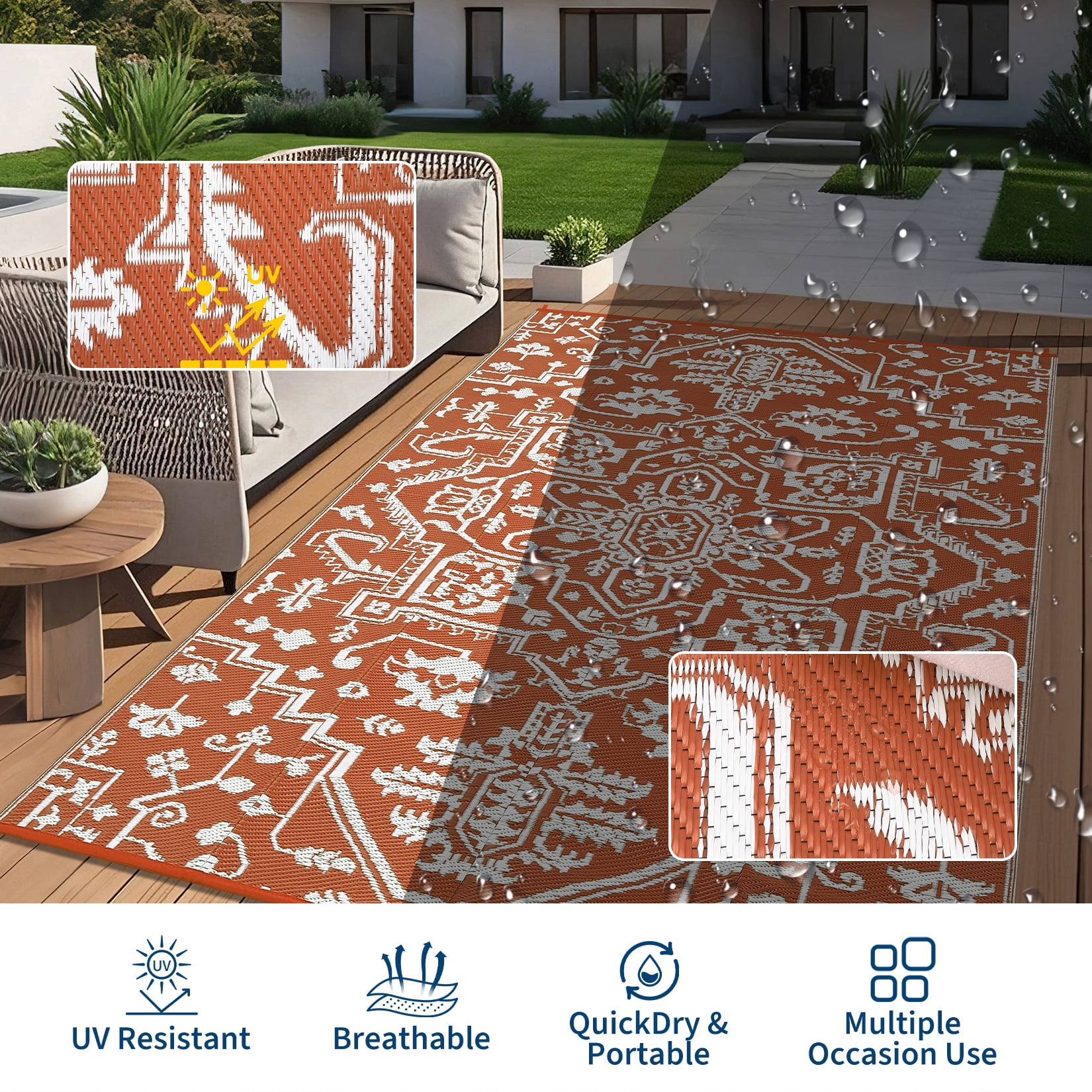 GlowSol 9'x18' Outdoor Rug Reversible Plastic Straw Area Rug Vintage Medallion Waterproof Area Rug for Patio Deck Balcony Backyard Picnic Beach, Brick Red White