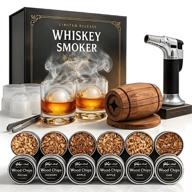 Kit ahumador para whisky Yodel con 6 tipos de virutas de madera y 2 vasos