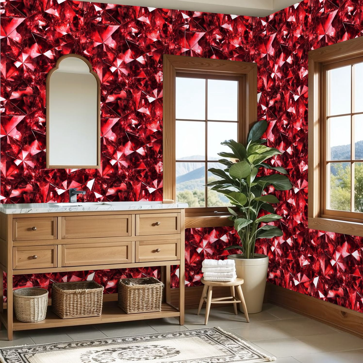 Vintage Peel and Stick Wallpaper Red Faceted Crystal Gemstone Abstract Wall Mural 23.6in x 9.8ft Self Adhesive Removable Wall Paper Renter Friendly Wallpaper for Bedroom Livingroom Office
