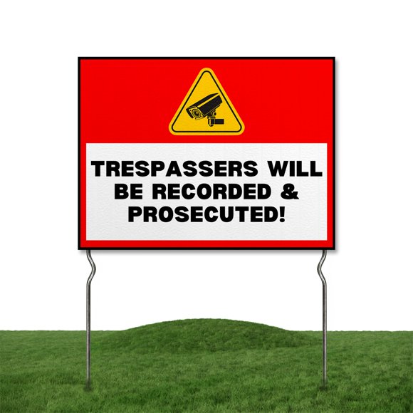 Trespassers Seront Enregistrés et Poursuivis! Panneau de Cour par DC / Panneau de Jardin de Sécurité Double Face 24"x18 Pouces avec Piquets Métalliques de 13” / Panneaux Imperméables pour Pelouse, Patio, Trottoir et Maison / Ensemble de 2 / Fabriqué aux É.-U.