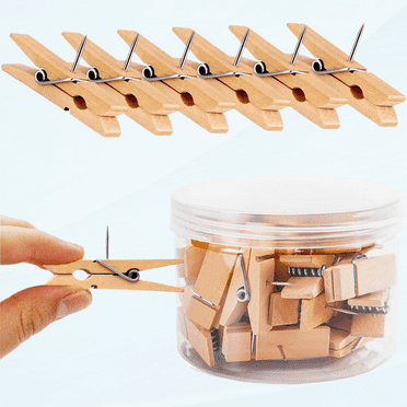 50 PCS Push Pin with Wooden Clips, Durable Wooden Push Pins Clips,Thumb Tacks, Push pins for Cork Board, Photos, Craft Projects, Offices and Homes