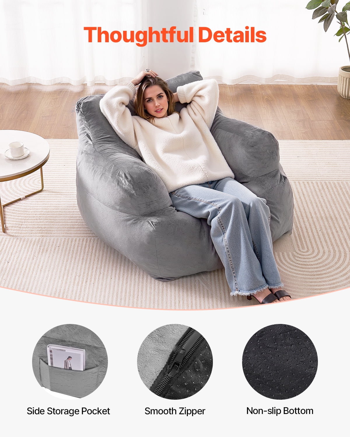 VEVOR Bean Bag Chair, BeanBag Sofa Chair with Armrests for Adults, Fluffy Plush & High-Density Foam Filling Adult Bean Bag with Zapper, Comfy Lazy Sofa Chair Ideal for Living Room, Bedroom, Grey