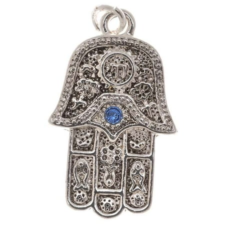 Hamsa Hand Charm - Silver Plated Hamsa Hand Charm Adorned With Sapphire SWAROVSKI ELEMENTS Crystal 23mm (1)