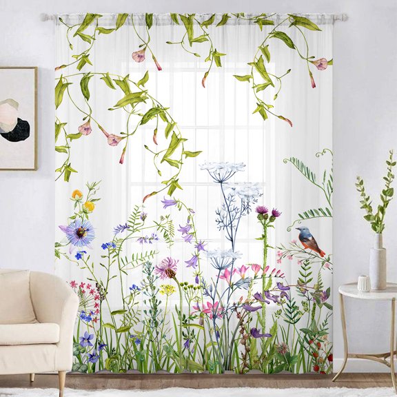 SPEKSEE 1Pc Floral Sheer Curtains for Living Room, Elegant Flower Spring Printed Window Curtain Chiffon Drapes for Bedroom