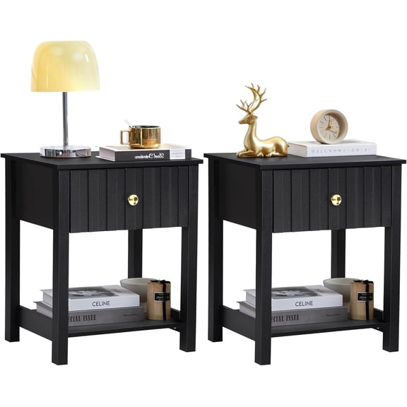 Wood Nightstand Set of 2, 21.65" H Bedside Table with Wide Fluted Finish, Modern Night Stands with Drawer, Mid Century End Table for Bedroom (Black-2 Packs)
