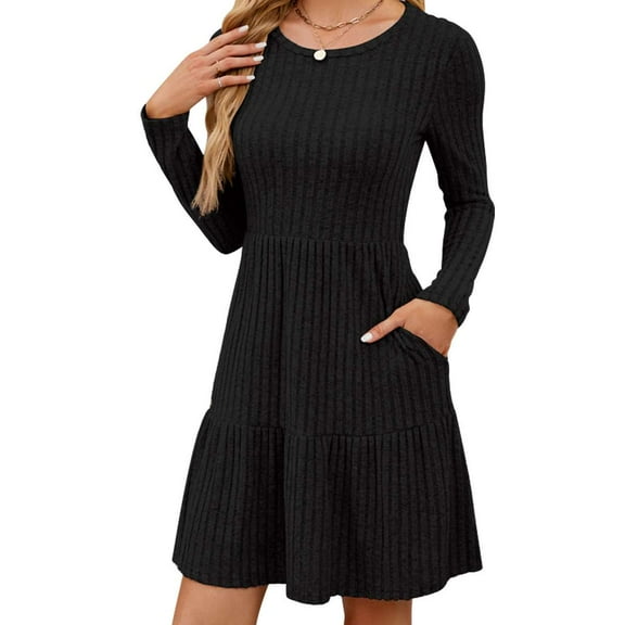 Deago Womens Long Sleeve Fall Dresses with Pockets Ribbed Knit Casual Crew Neck Knee Length Babydoll Sweater Dress (Black, S)