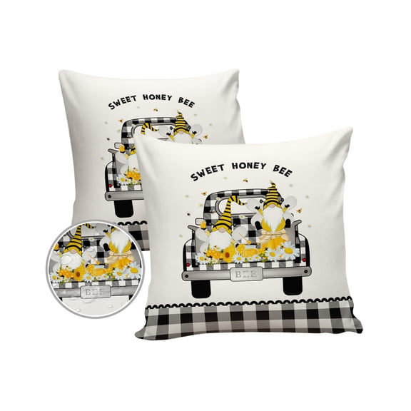 Pack of 2 Outdoor Pillow Covers, Sweet Honey Been Black and White Buffalo Plaid Waterproof Square Throw Pillowcase Cushion Decorative Pillow Covers for Couch Patio Tent, 20x20 in