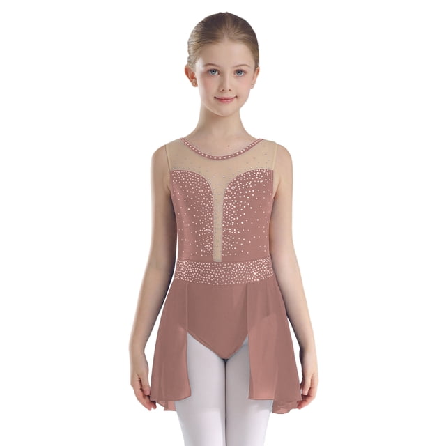 Alvivi Robe de Gymnastique en Strass pour Adolescentes, Sans Manches, Tutu en Maille Transparente, Justaucorps de Ballet, Costume de Performance Lyrique Rose Poussiéreux 8