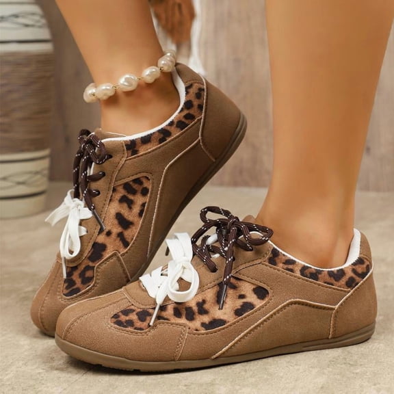 SCHUHLAND Women's Leopard Mix Color Lace-Up Sneakers, Round Toe, Low Heel, Soft Sole Casual Shoes, Brown, Size 36-43