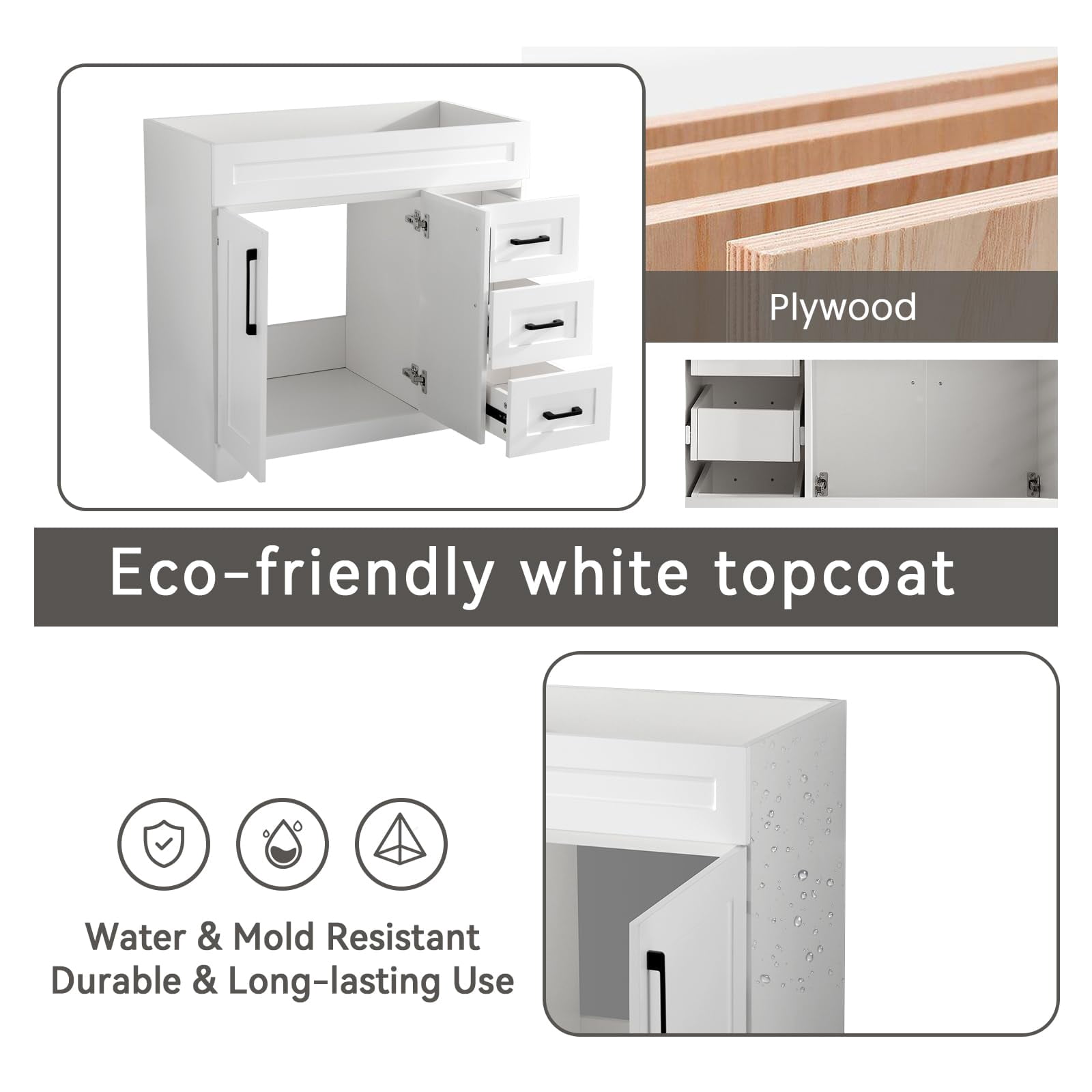 Dodrehome 36" Single Bathroom Vanity, Modern Bathroom Cabinet Without Sink, with 2 Soft Closing Doors and 3 Drawers, White