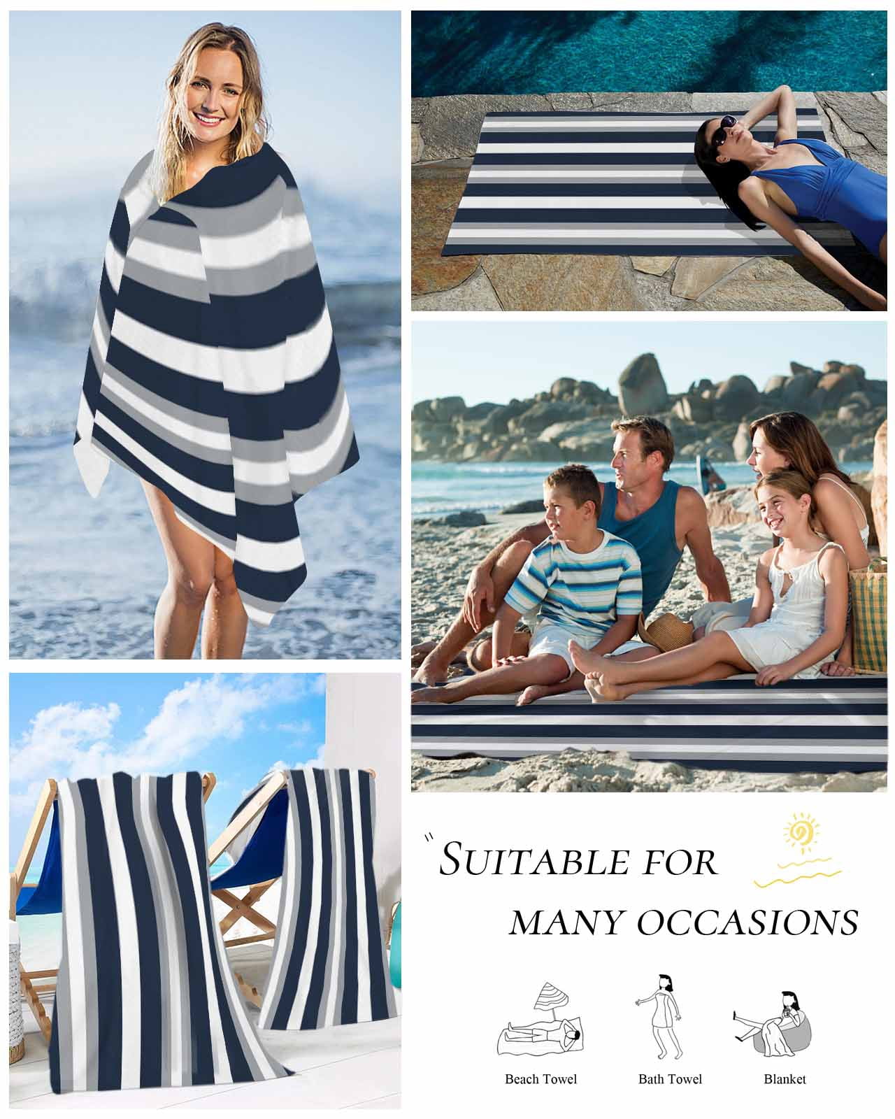Navy Blue Grey Striped Beach Towels Oversized Super Absorbent, Farmhouse Stripes Minimalist Lightweight Bath Towel Quick Dry Sets For Bathroom/Pool/Rv Camping/Beach Play/Gym Room/Picnic 23"x47"