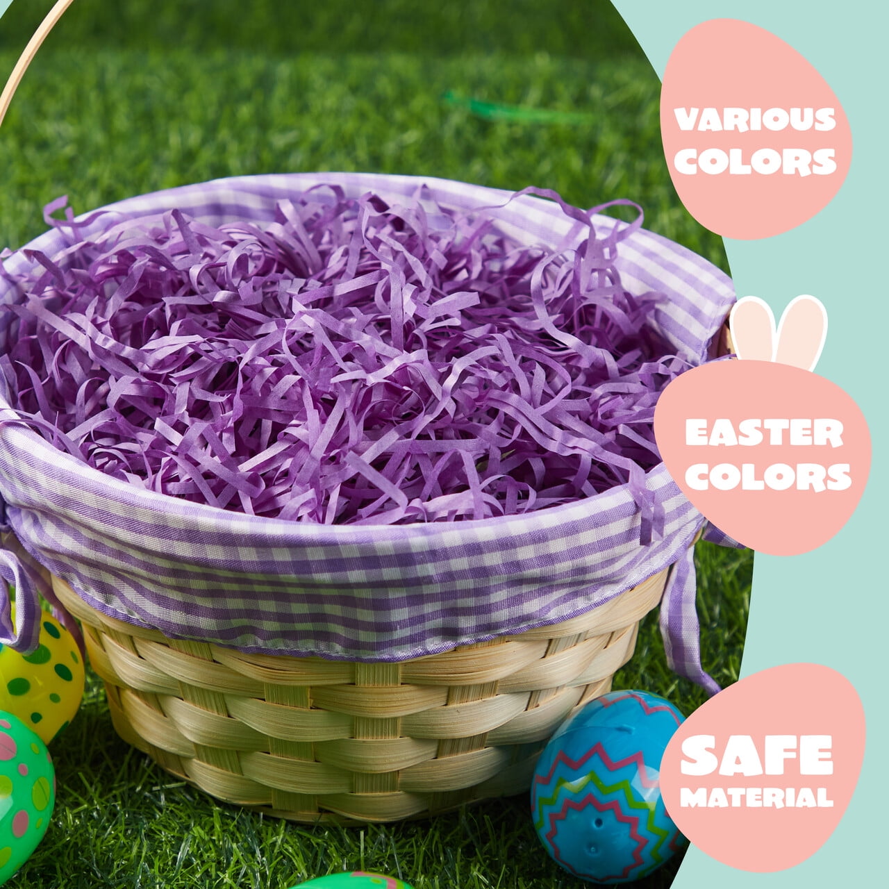 Joyfy 4 Pcs Easter Baskets with 4 Colors Grass Paper Shreds, Easter Woven Basket with Handles for Kids, (9" X 8") Easter Baskets for Easter Egg Hunt, Filling with Party Favors