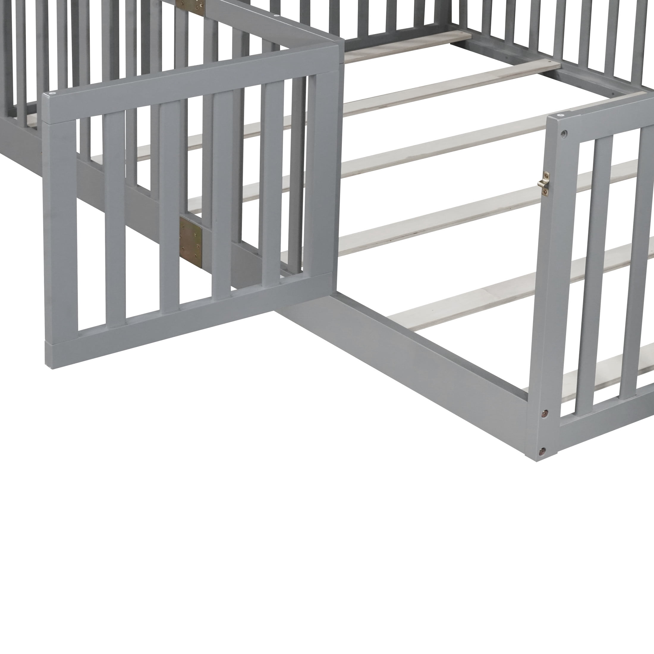 Noble House Nira Full Floor Bed with High Fence and Door, Rubber Wood Montessori Bed Frame, Kids' Room, Gray