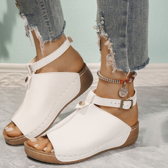 Gspmoly Women Slides Sandals, Women's Fashion Casual Summer New Style Fish Mouth Thick Bottom Buckle Strap Sandals Flat Bottom Open Toe Sandals Slippers for Women Indoor White 43