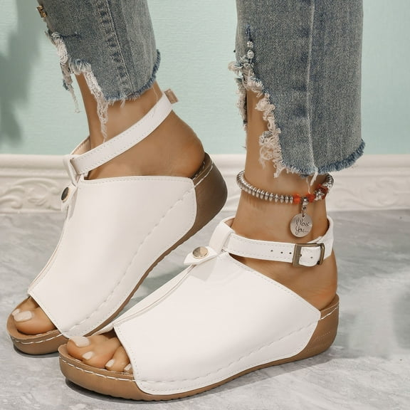 HWRETIE Fish Mouth Buckle Flat Sandals - Open Toe Thick Sole Summer Shoes With Adjustable Closure,Beach Casual Slippers White/43