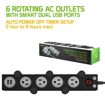 Power Strips With Timers Cellet 4-Outlet Flexible Power Strip With Timer and ON and Off Button, Dual USB Charging Ports(1200W/10A) 5ft Cord , Perfect for Computers, Smartphones, Tablets, and Other Devices - Black ()