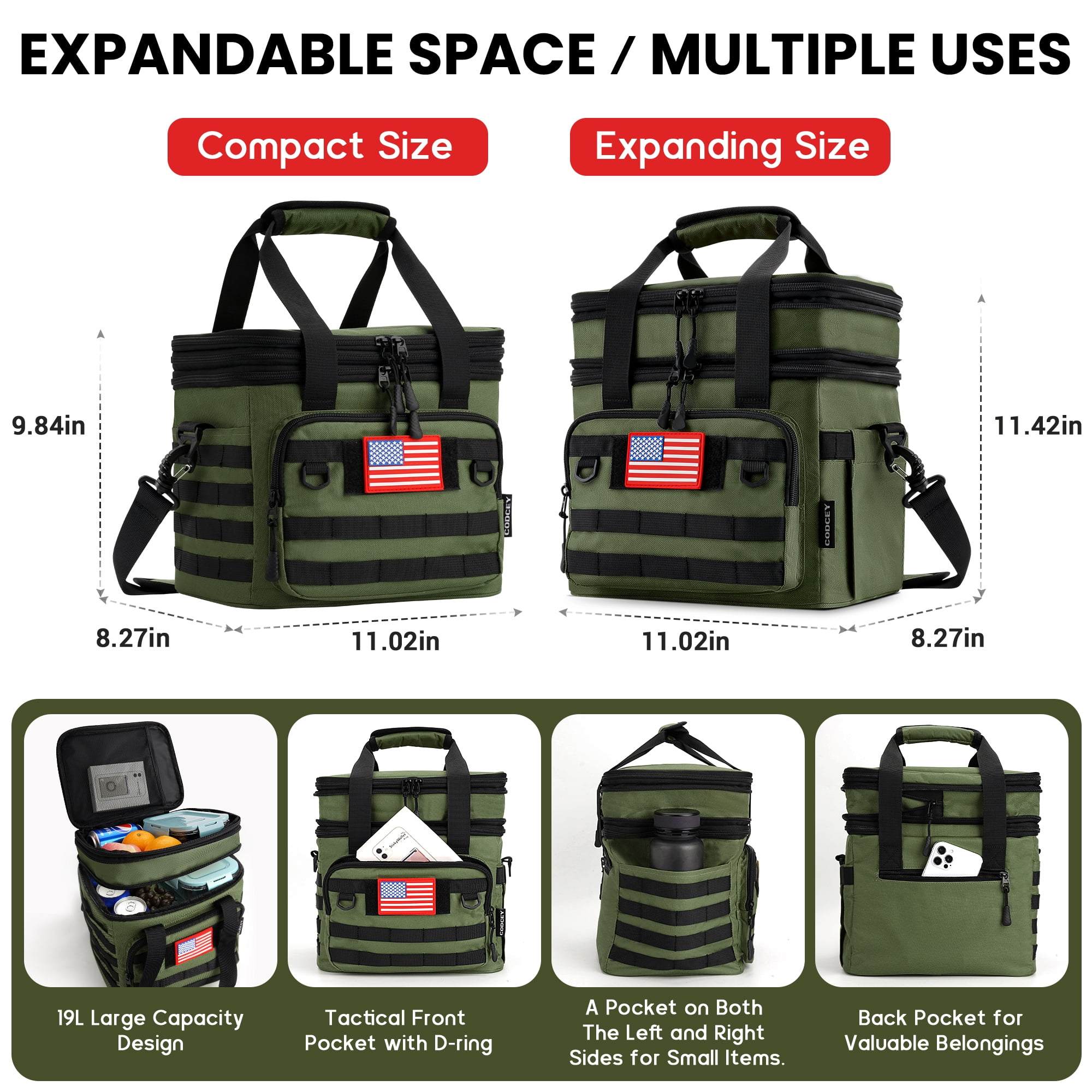 CODCEY Tactical Heavy Duty Insulated Expandable Double Deck Leakproof Large Reusable Lunch Bag Cooler