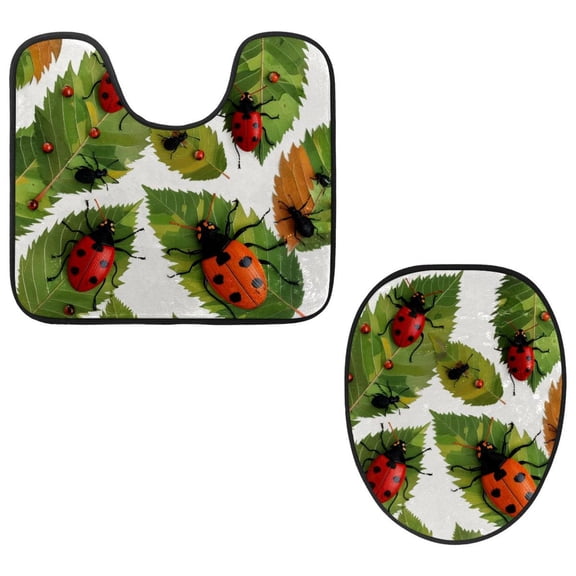 PhooArto Toilet Lid Cover and U-Shaped Toilet Floor Mat Set of 2 Pieces, Ladybug and Leaves Toilet Mat Set, Machine Washable Seat Covers Non-Slip Absorbent Rugs