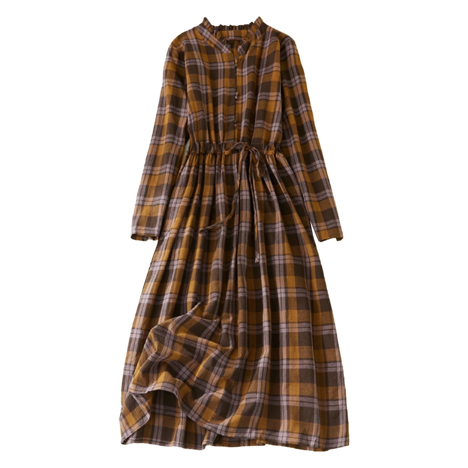 Meichang Plaid Midi Dresses for Women with Tie Waisted Cotton
