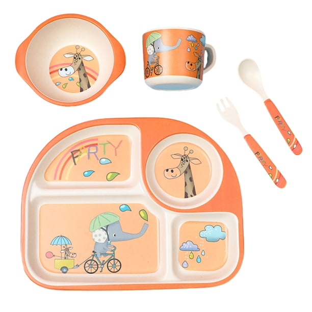 Juego de vajilla para niños de fibra de bambú, plato dividido para bebé, juego de cinco piezas de dibujos animados