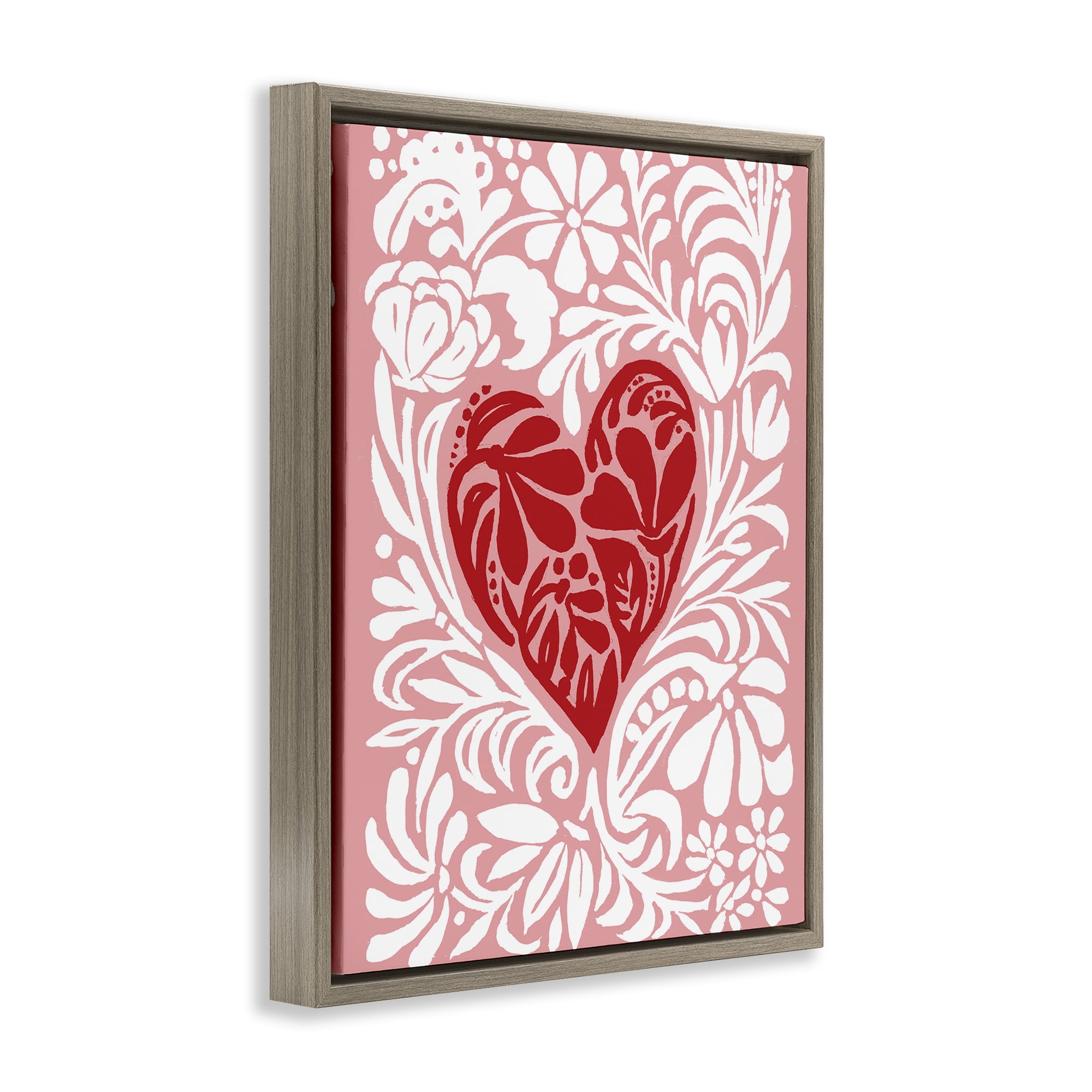 Stupell Industries Red Leafy Heart on Pink Brown Framed Floater Canvas Wall Art, design by Cindy Jacobs