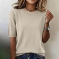 thumbnail image 2 of Qwertyu Womens Sweaters Crew Neck Short Sleeve Shirts Summer Tops Knit Solid Color T Shirts Sweater Blouses Beige M, 2 of 7