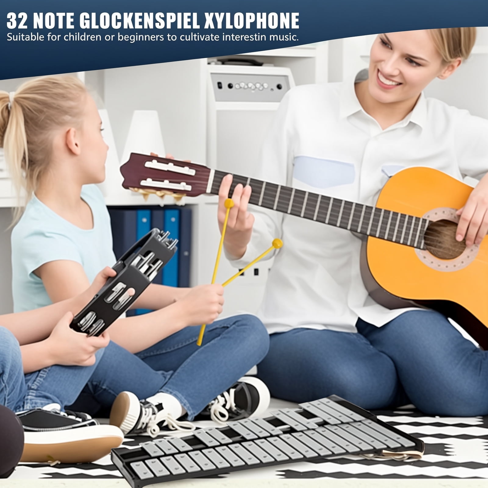 Happydeer Percussion Kit, Glockenspiel & Dumb Drum & Practice Pad Mallets, 32 Notes Bell Kit, Aluminum Plate Xylophone Bell Percussion Instruments with Adjustable Height Stan