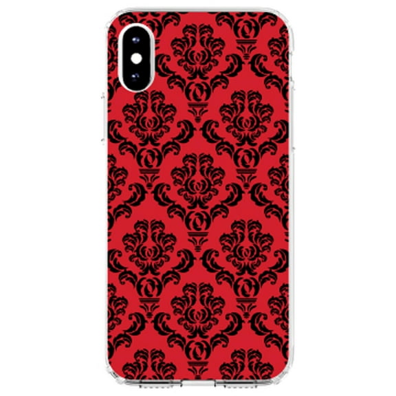 DistinctInk Clear Shockproof Hybrid Case for iPhone XS Max (6.5" Screen) - TPU Bumper, Acrylic Back, Tempered Glass Screen Protector - Red Black Damask Pattern - Floral Damask Pattern