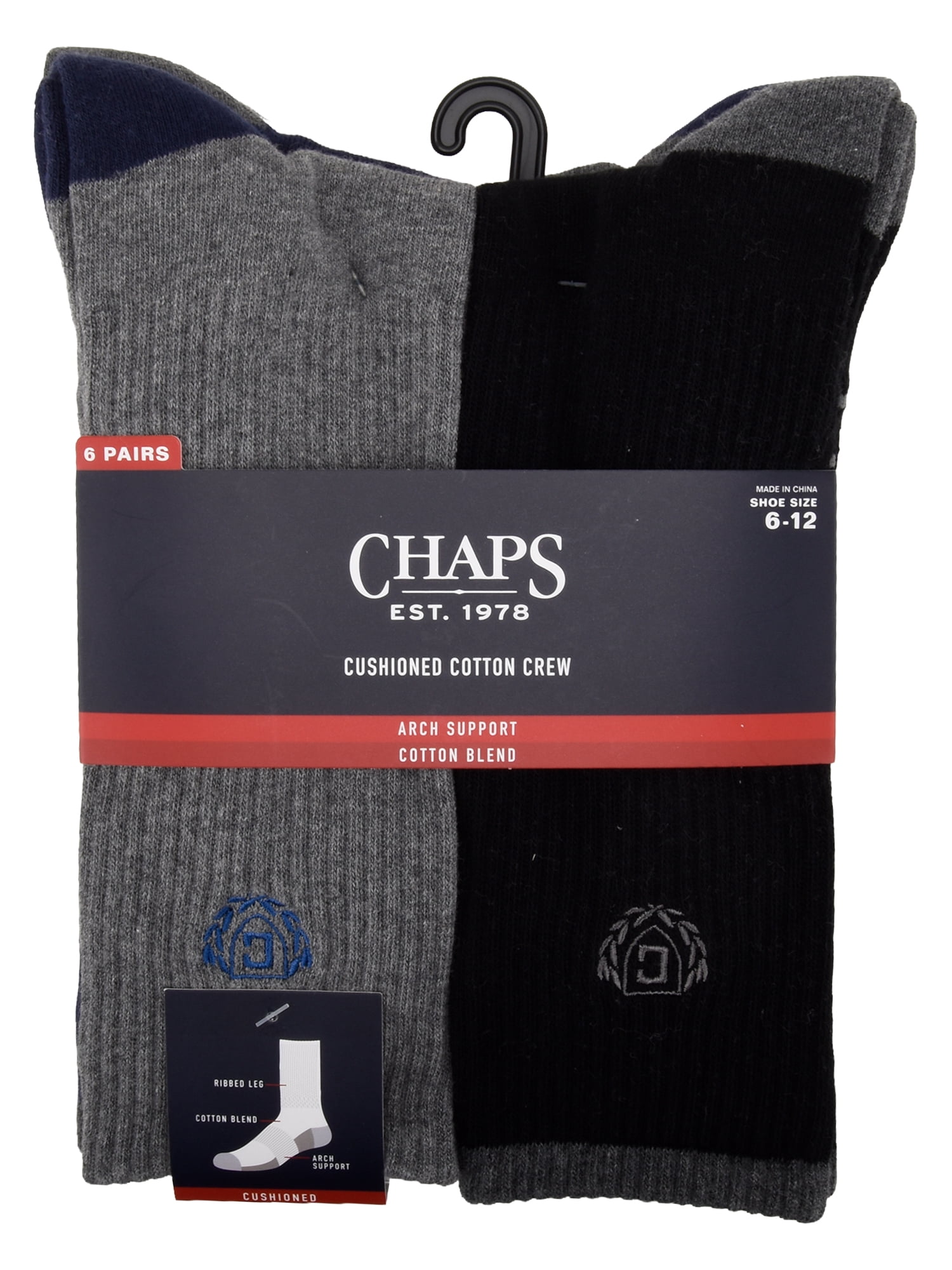 Chaps Athletic Half Cushion Crew 6-Pack Men's, Sock Size 10-13