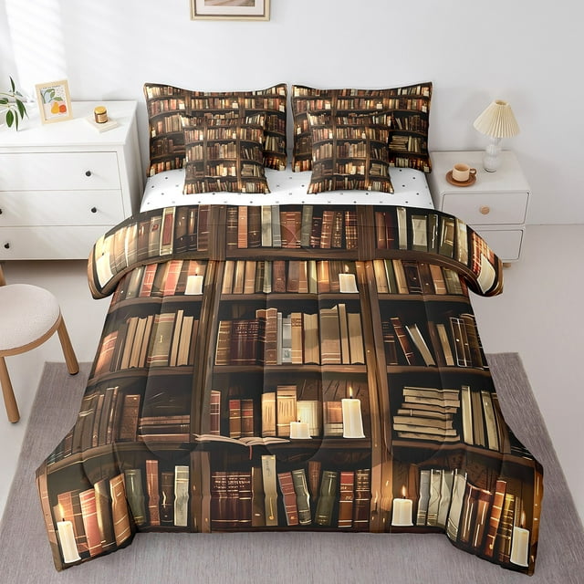 YST Bookshelf Bedding Set Full Size,Vintage Library Bookcase 7 Piece Comforter Set,Western Bookshelf Books Bed in a Bag,Education Academic Collection Flat Fitted Sheet Soft Warm Room Decor