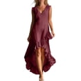 thumbnail image 3 of VBVC Women's Sleeveless V Neck Maxi Dress, Ladies' Ruffled High Low Hem Flowy Dress, Summer Casual Vacation Dress For Women,Wine,S-3XL, 3 of 7