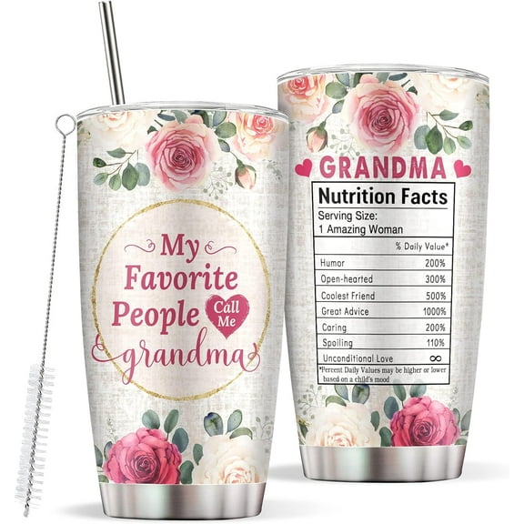 Gifts for Grandma, Flower Stainless Steel Grandma Tumbler 20oz with Lid and Straw, Grandma Birthday Gifts Ideas, Mother''s Day Gift for Grandma, Grandma Gifts Tumbler from Grandchildren