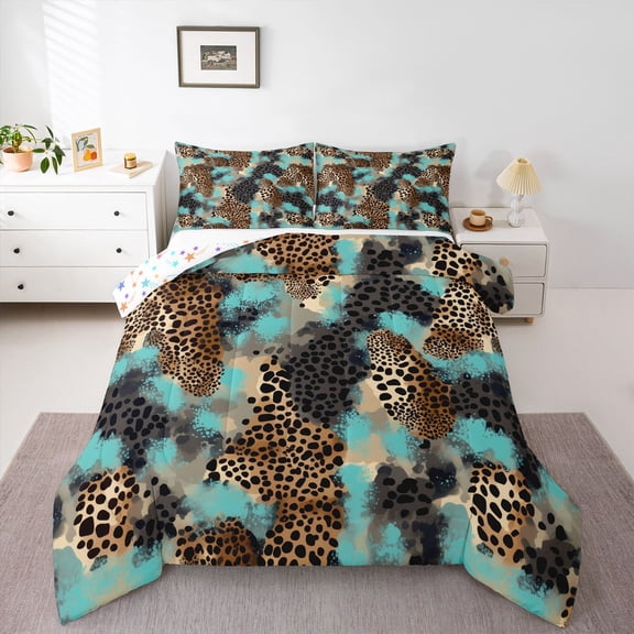 Castle Fairy Leopard Print Twin Comforter Sets,Brown Teal Bedding Set