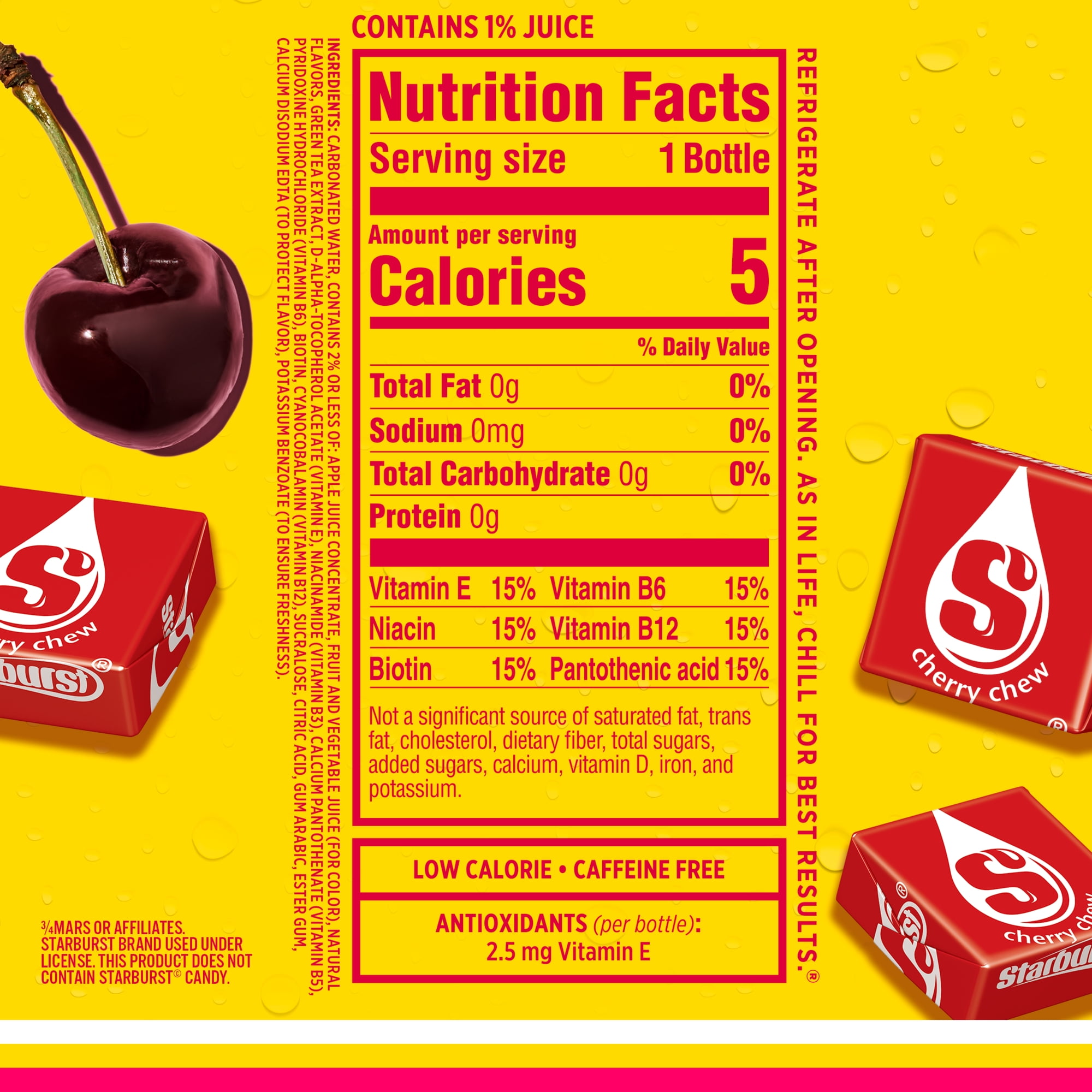 (5 pack) Sparkling Ice STARBURST Cherry, Zero Sugar Flavored Sparkling Water, with Vitamins and Antioxidants, Low Calorie Beverage, 17 fl oz Plastic Bottle