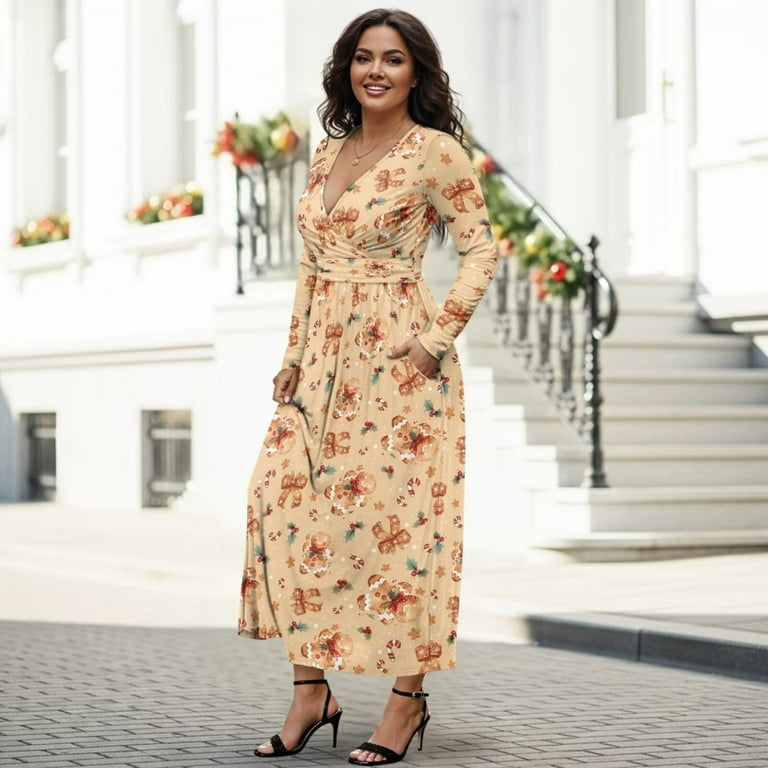 Fkelyi Christmas Gingerbread Man Print Fall Maxi Dress V-Neck Long Sleeve Casual Dress with Pocket for Women A-Line Flowy Tiered Dresses for Spring