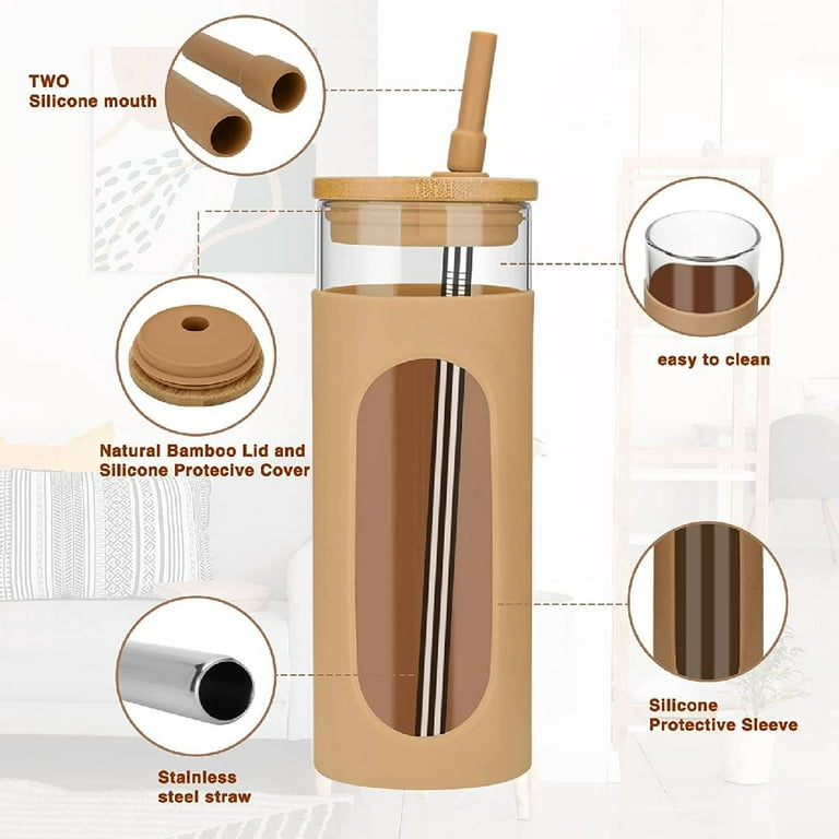 Kitchen  4 Glass Cups With Bamboo Lids And Straws 22oz Customized