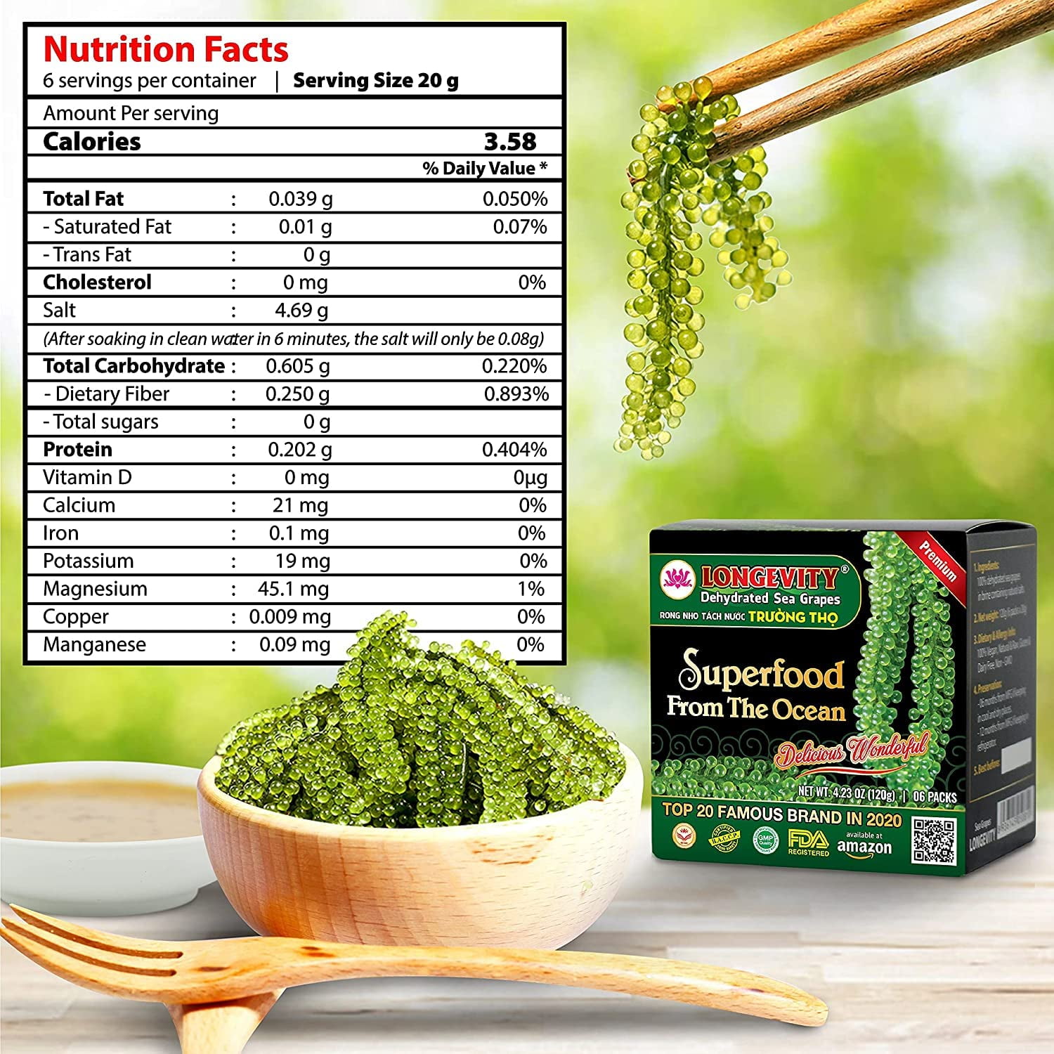 Longevity Dehydrated Sea Grapes, 4.23 oz of 6 packs, - Umibudo Green Caviar, Lato Seaweed, Precious Gift From The Sea | Enhance Health, Boosting Immune System.
